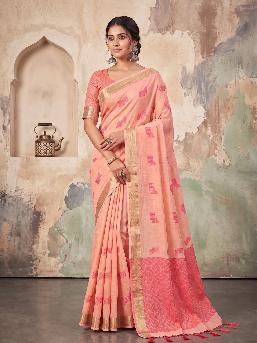 Peachmode Peach Linen Woven Saree - Image 1