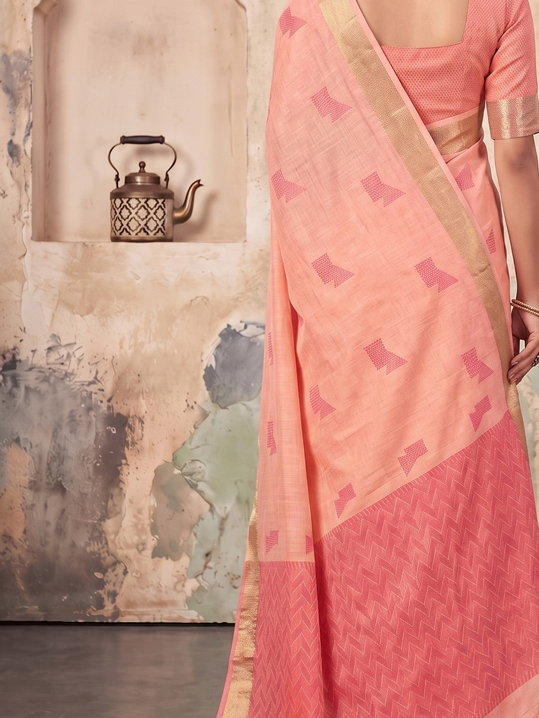Peachmode Peach Linen Woven Saree - Image 5