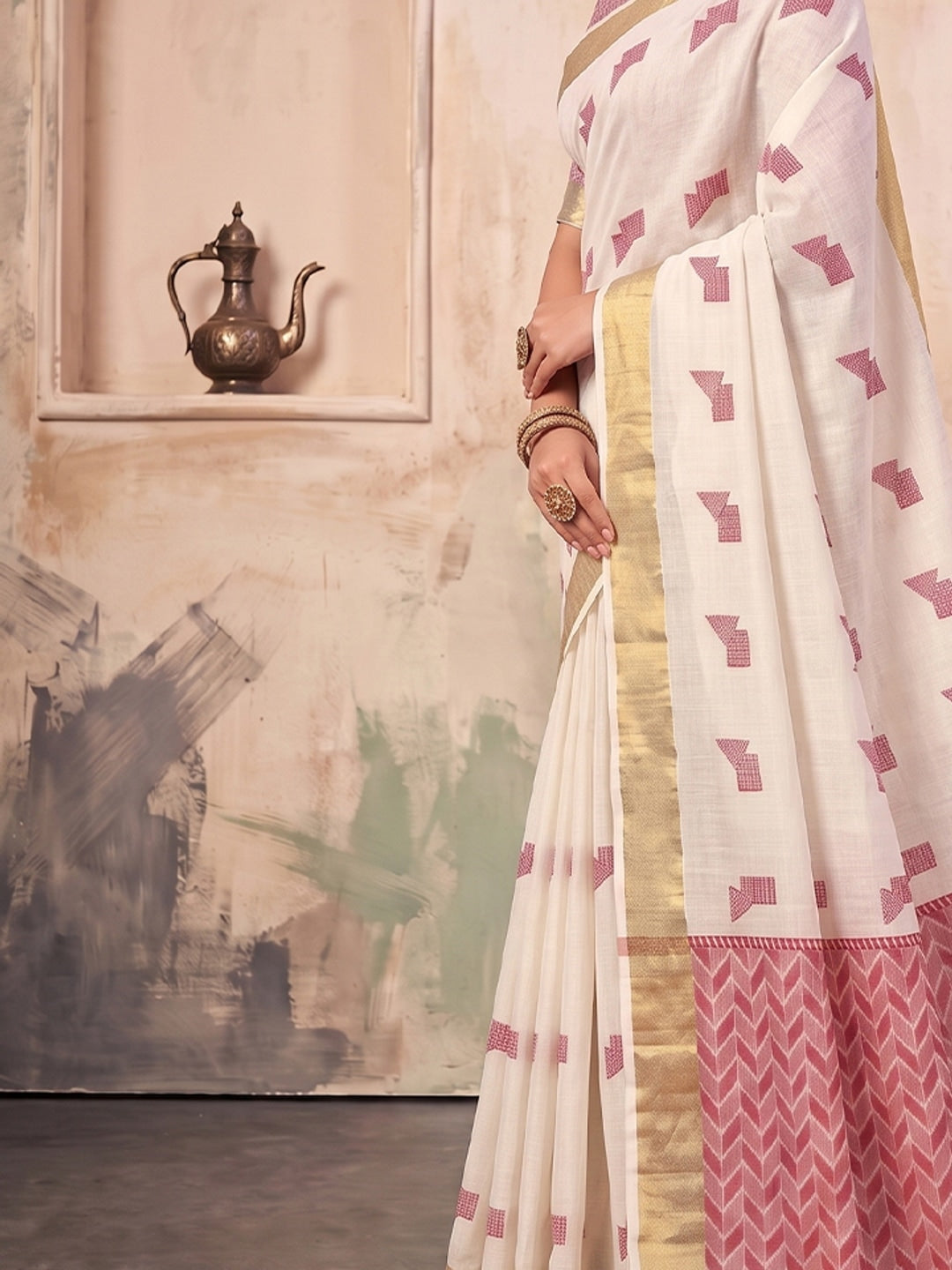 Peachmode White Linen Woven Saree - Image 5