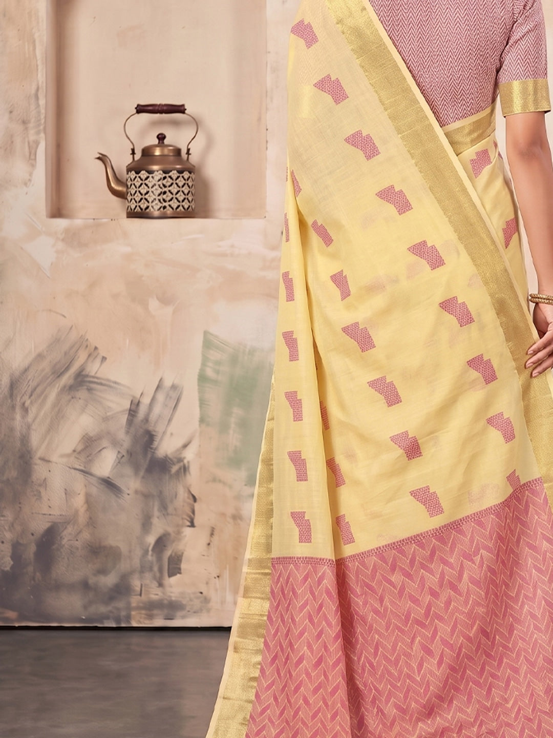 Peachmode Light Yellow Linen Woven Saree - Image 5