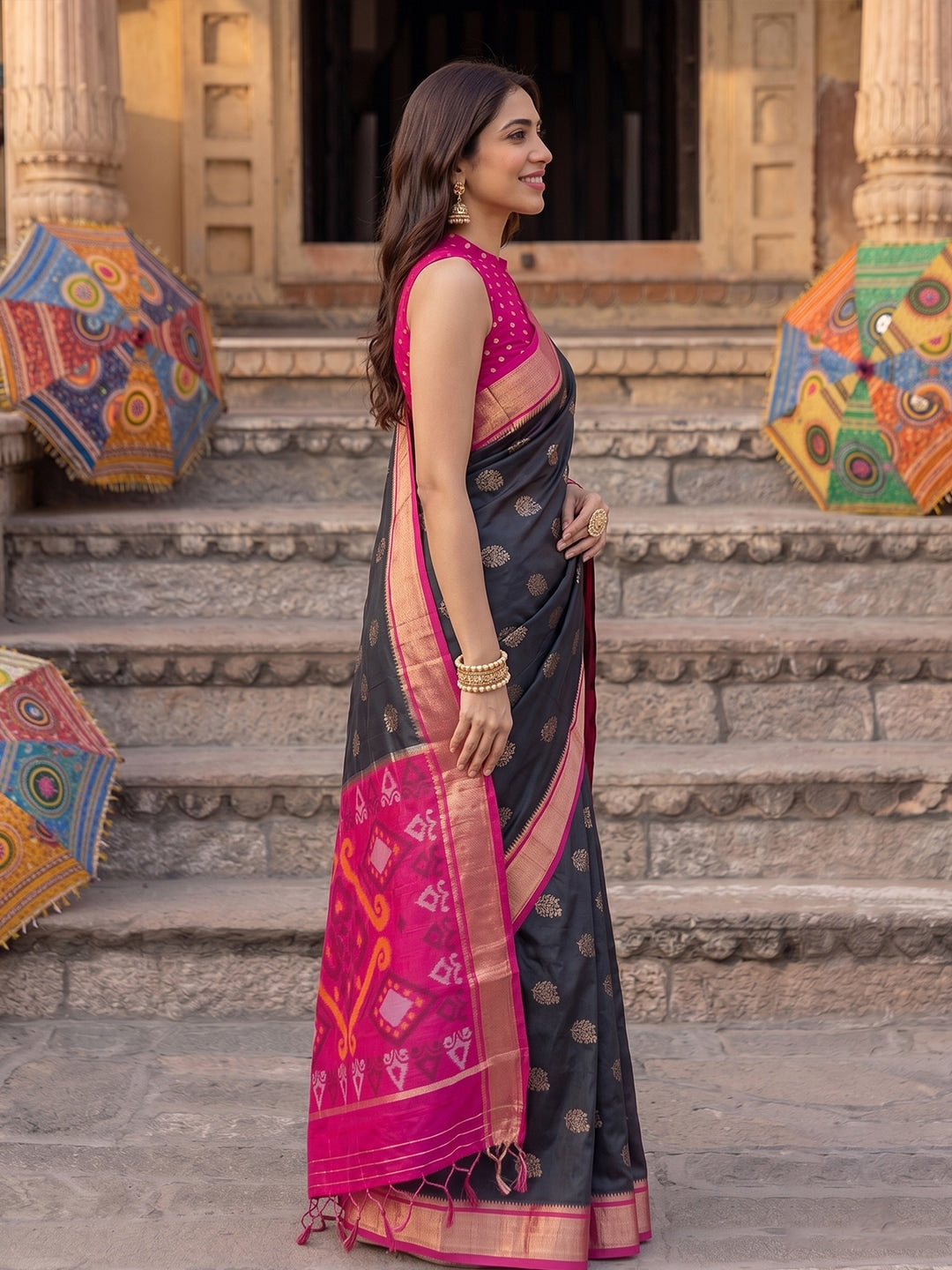 Peachmode Black Soft Silk Woven Saree - Image 2