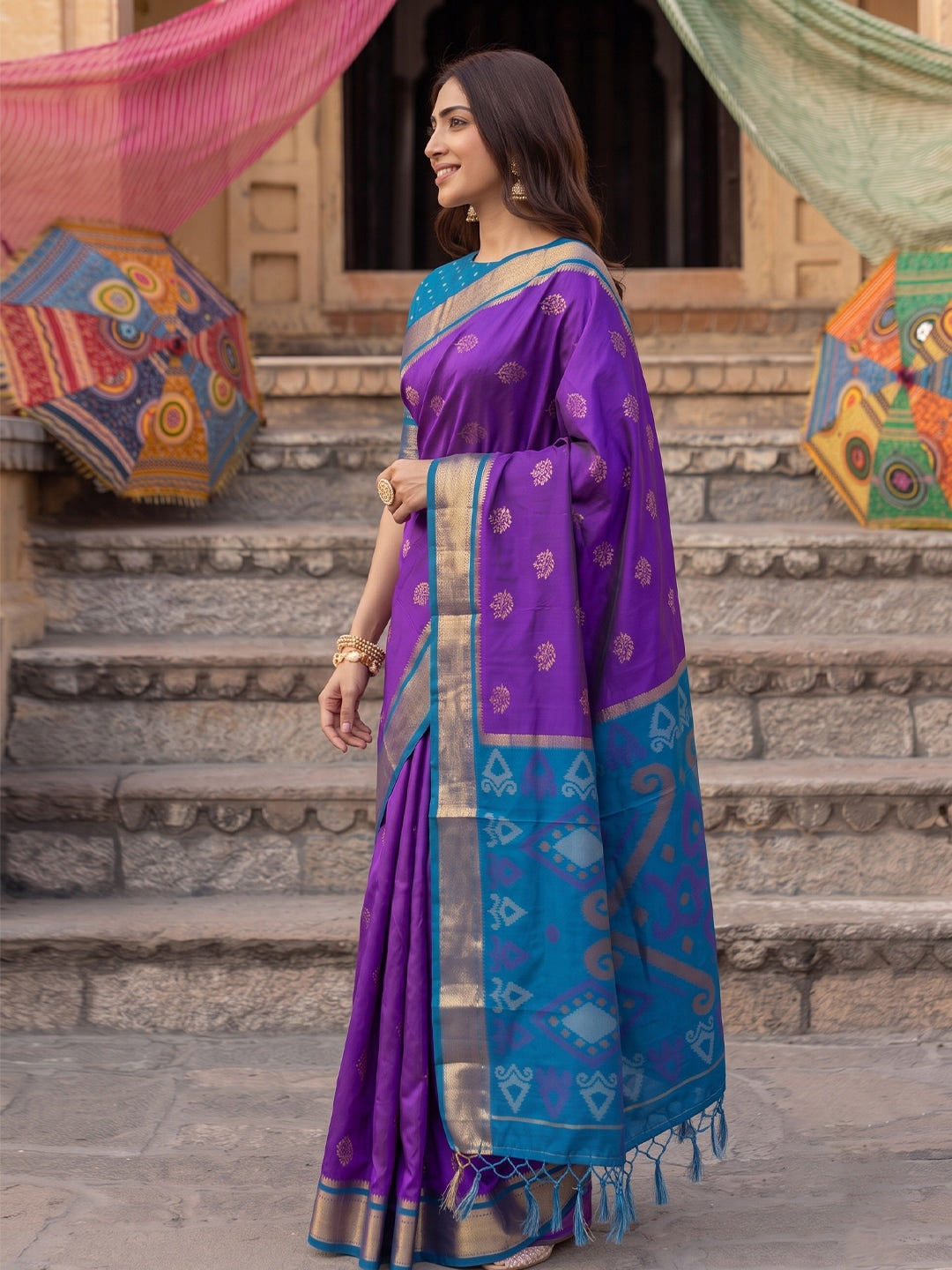 Peachmode Purple Soft Silk Woven Saree - Image 3