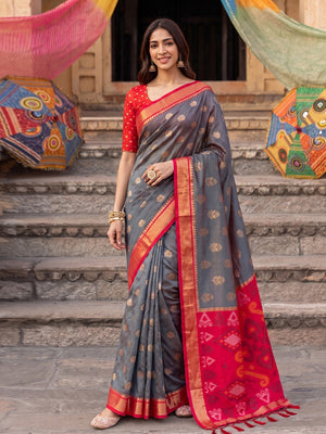 Peachmode Gray Soft Silk Woven Saree - Image 1