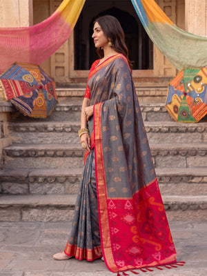 Peachmode Gray Soft Silk Woven Saree - Image 2