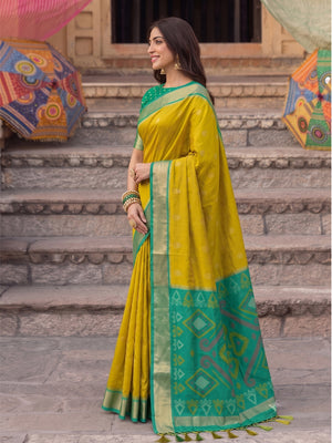 Peachmode Mustrd Yellow Soft Silk Woven Saree - Image 2