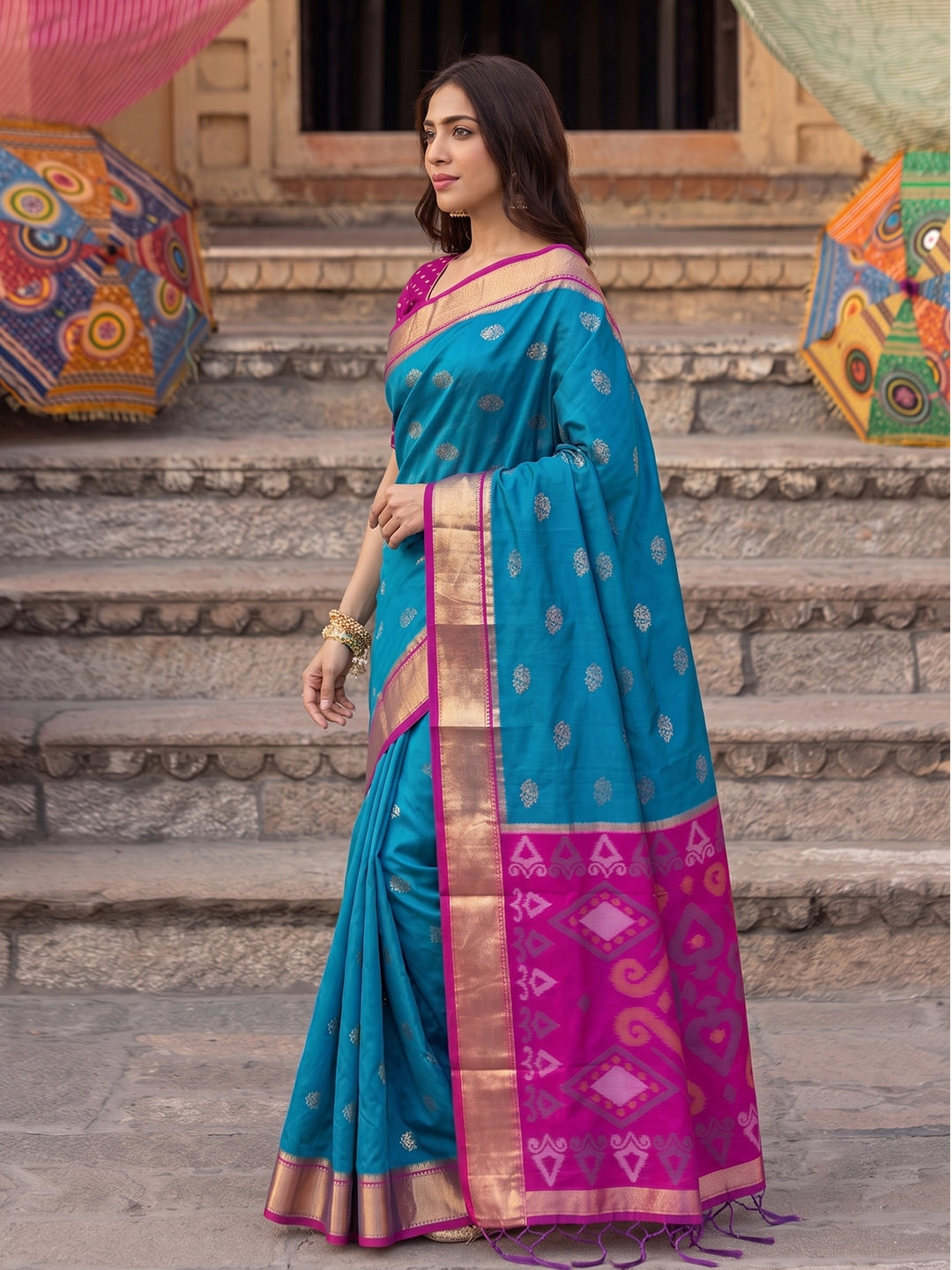 Peachmode Rama Blue Soft Silk Woven Saree - Image 2