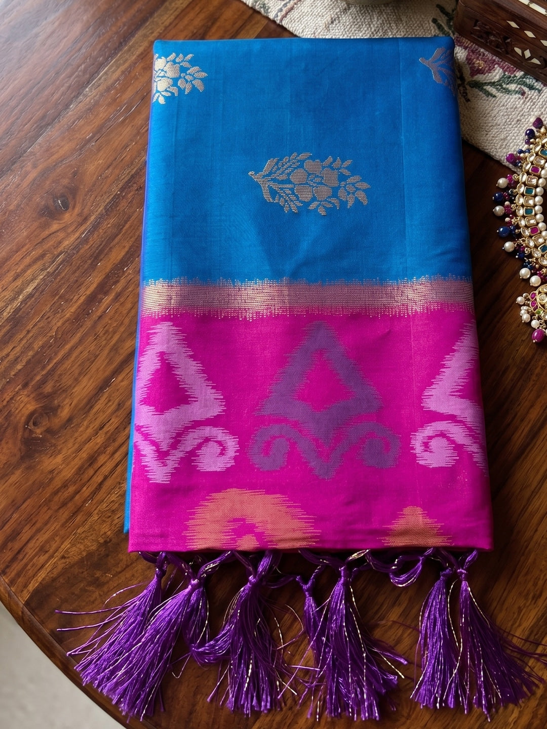 Peachmode Rama Blue Soft Silk Woven Saree - Image 4
