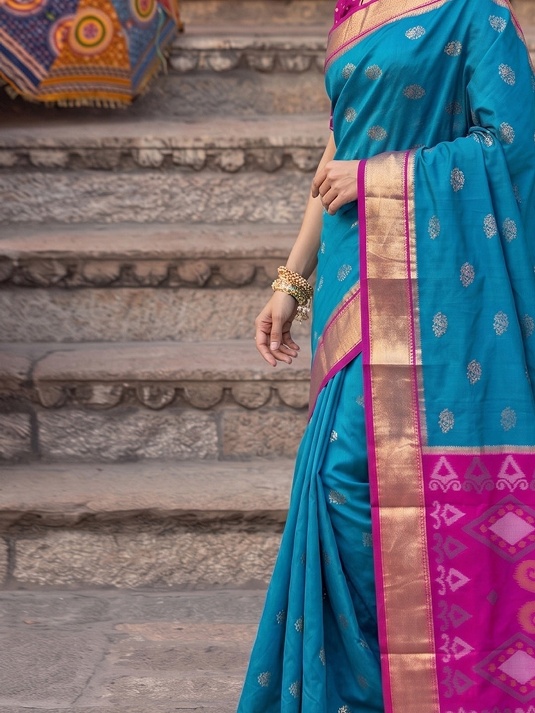 Peachmode Rama Blue Soft Silk Woven Saree - Image 5
