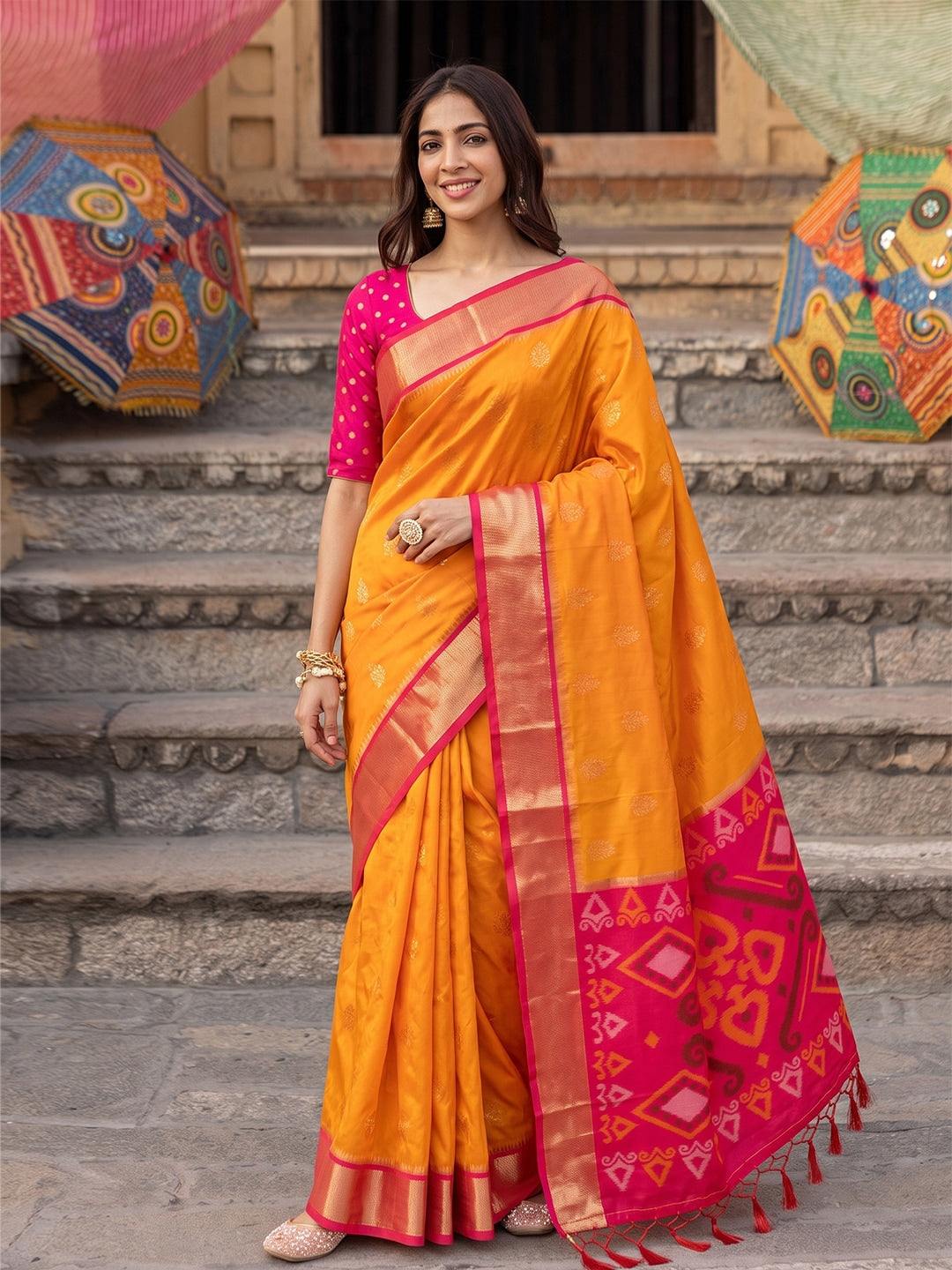 Peachmode Orange Yellow Soft Silk Woven Saree - Image 1