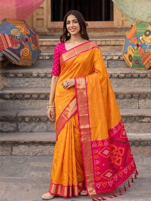 Peachmode Orange Yellow Soft Silk Woven Saree - Image 1