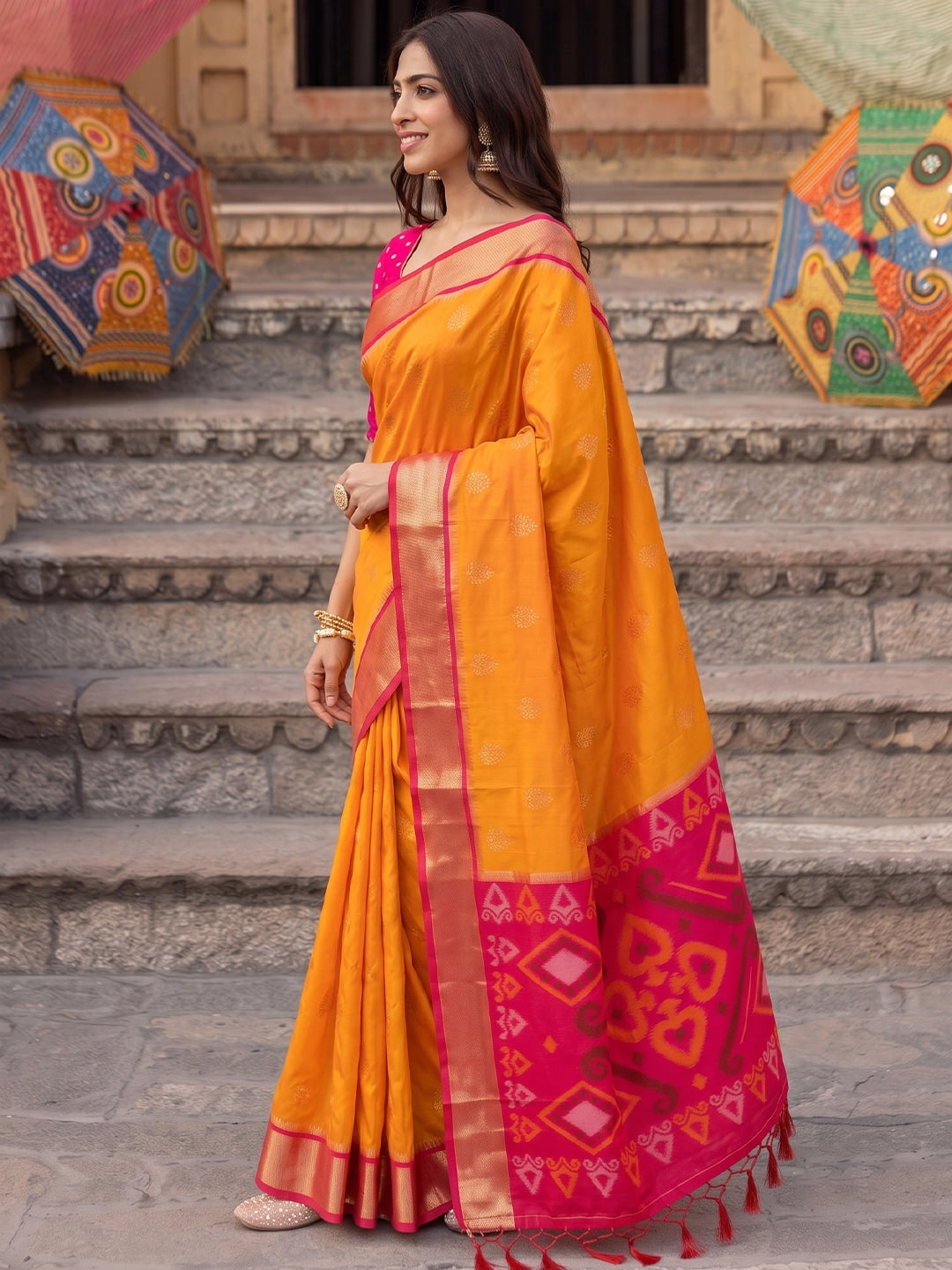 Peachmode Orange Yellow Soft Silk Woven Saree - Image 3