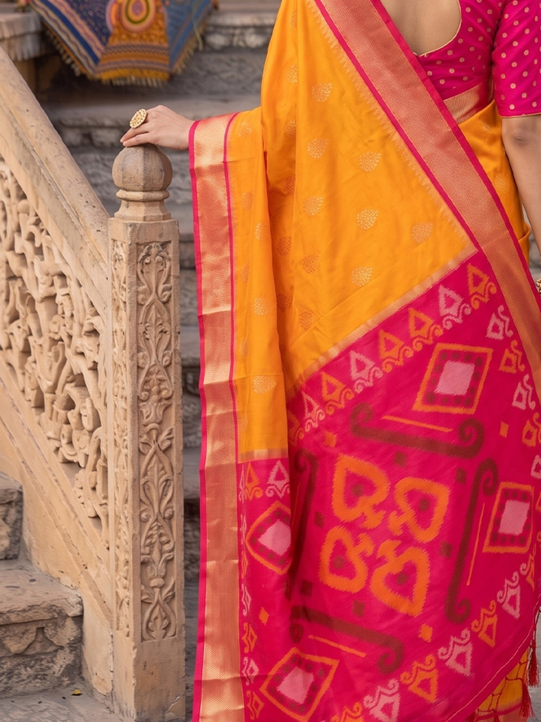 Peachmode Orange Yellow Soft Silk Woven Saree - Image 5