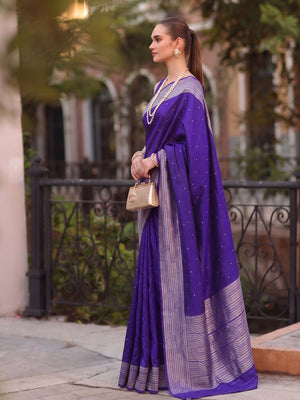 Peachmode Royal Blue Cotton Blend Woven Saree - Image 2