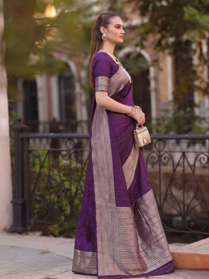 Peachmode Vibrate Purple Cotton Blend Woven Saree - Image 2