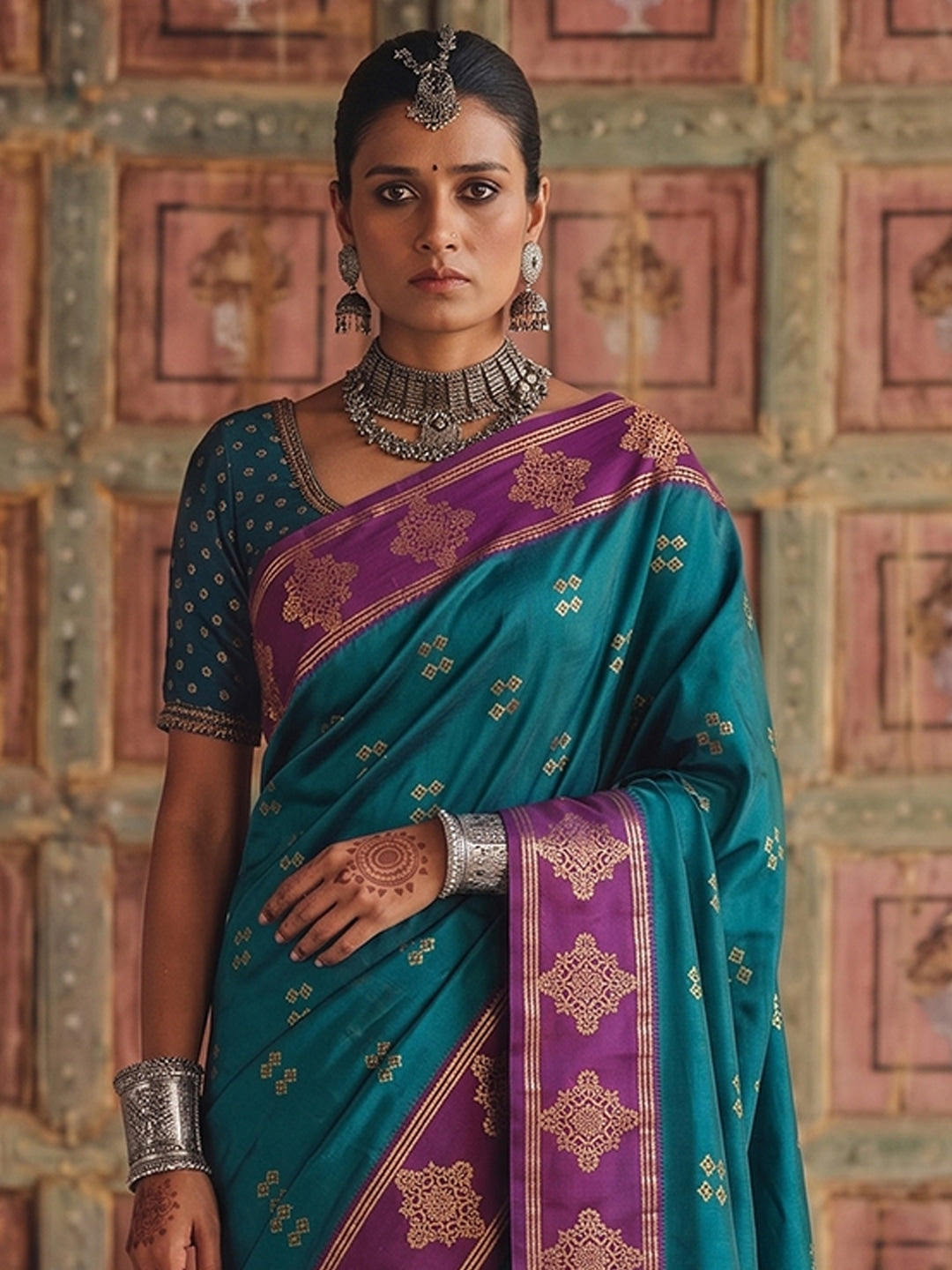 Peachmode Teal Green Soft Silk Woven Saree - Image 4