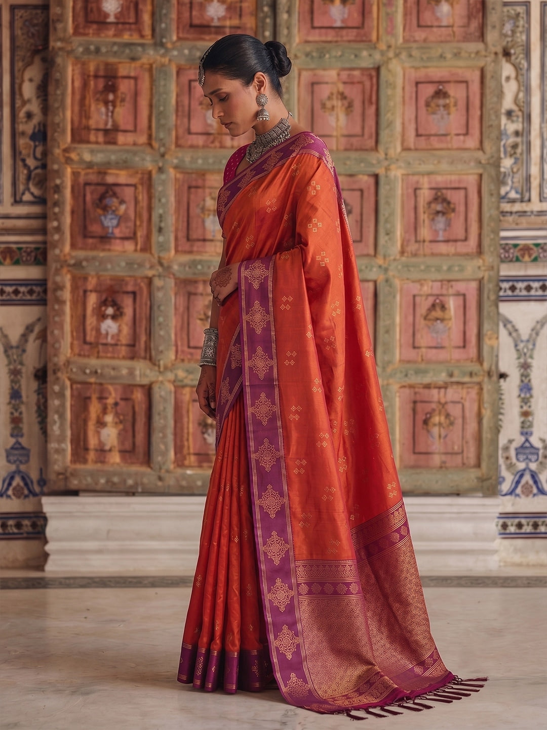 Peachmode Orange Soft Silk Woven Saree - Image 2