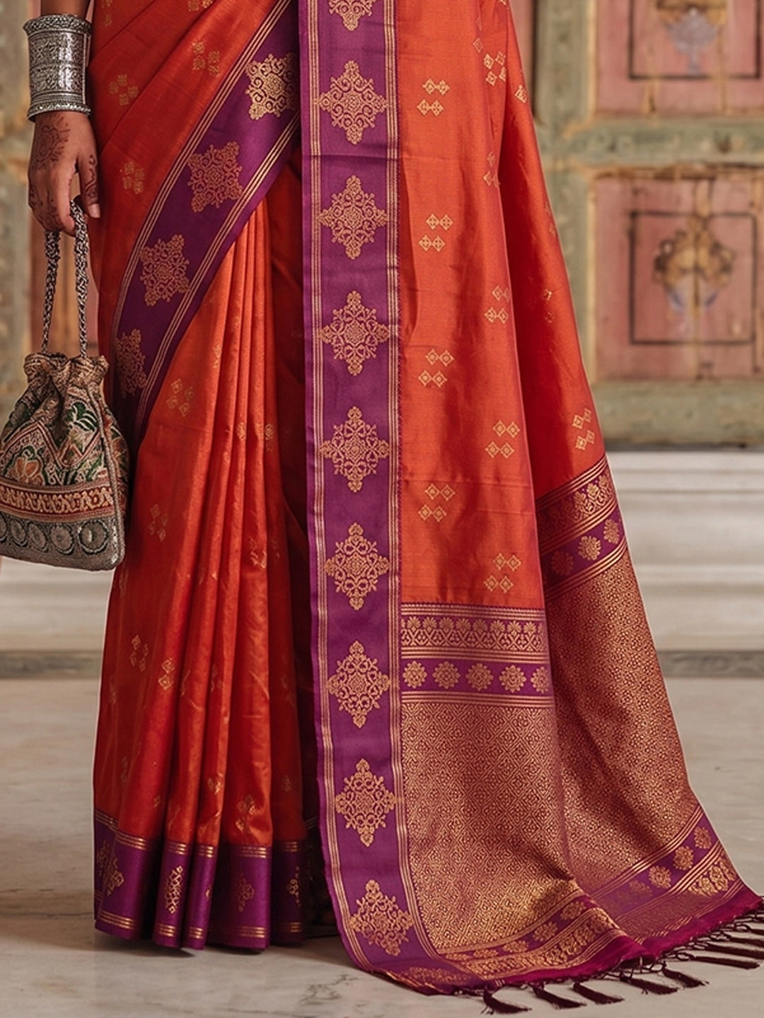 Peachmode Orange Soft Silk Woven Saree - Image 5