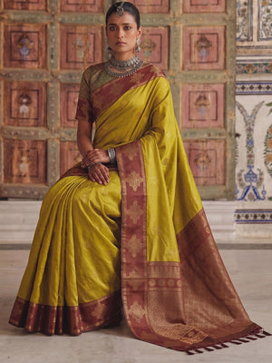 Peachmode Mustrd Soft Silk Woven Saree - Image 2