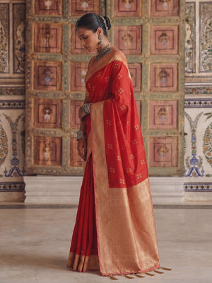 Peachmode Red Soft Silk Woven Saree - Image 2