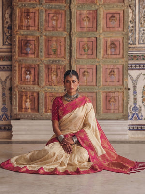 Peachmode Cream Soft Silk Woven Saree - Image 2