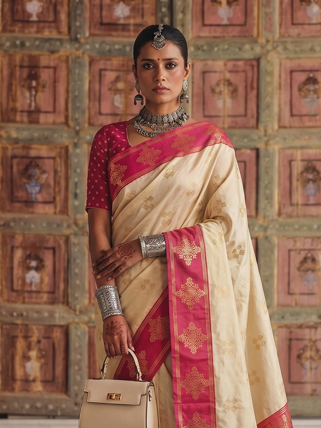 Peachmode Cream Soft Silk Woven Saree - Image 4