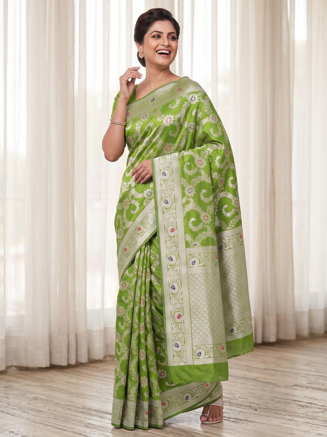 Parrot Green Pure Silk Drape Featuring Traditional Heavy Zari Weaving for a Royal Look - Image 4