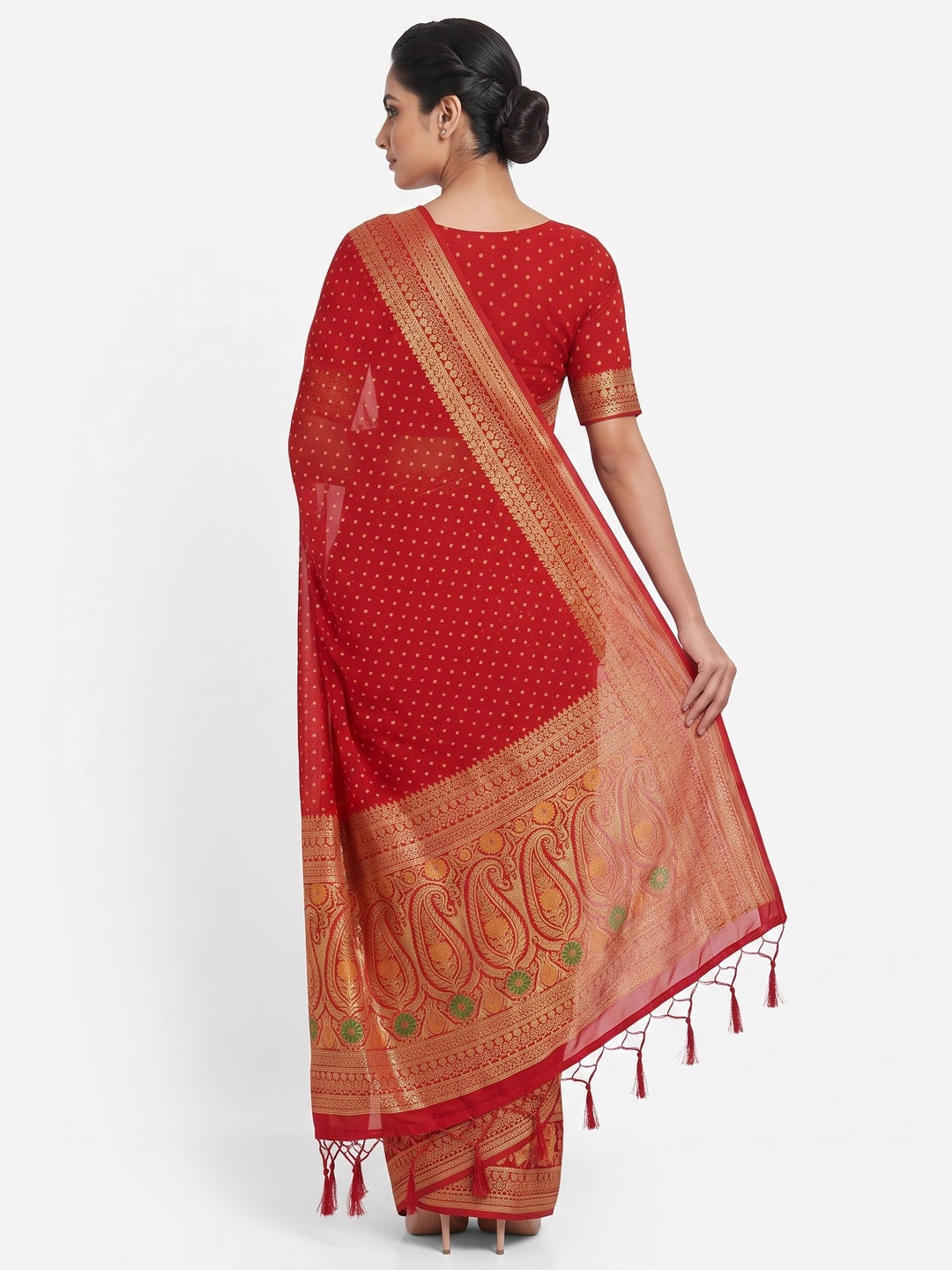 Red Saree in Pure Georgette Featuring Delicate Zari Butti Work - Image 2