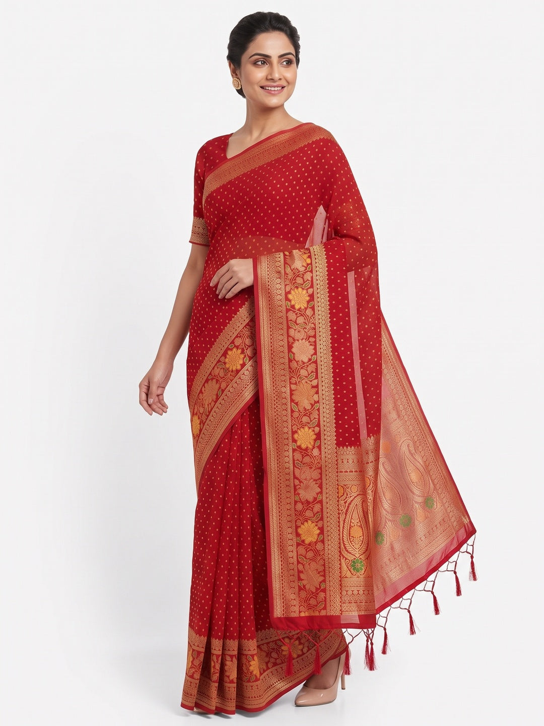 Red Saree in Pure Georgette Featuring Delicate Zari Butti Work - Image 4