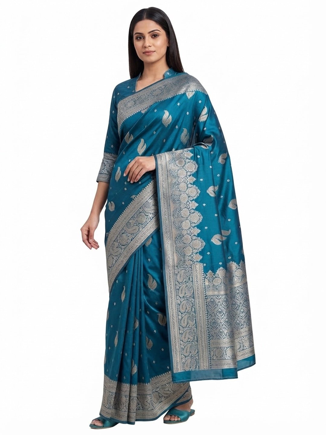 Teal Pure Banarasi Silk Saree Adorned with Exquisite Floral Zari Weaving - Image 5