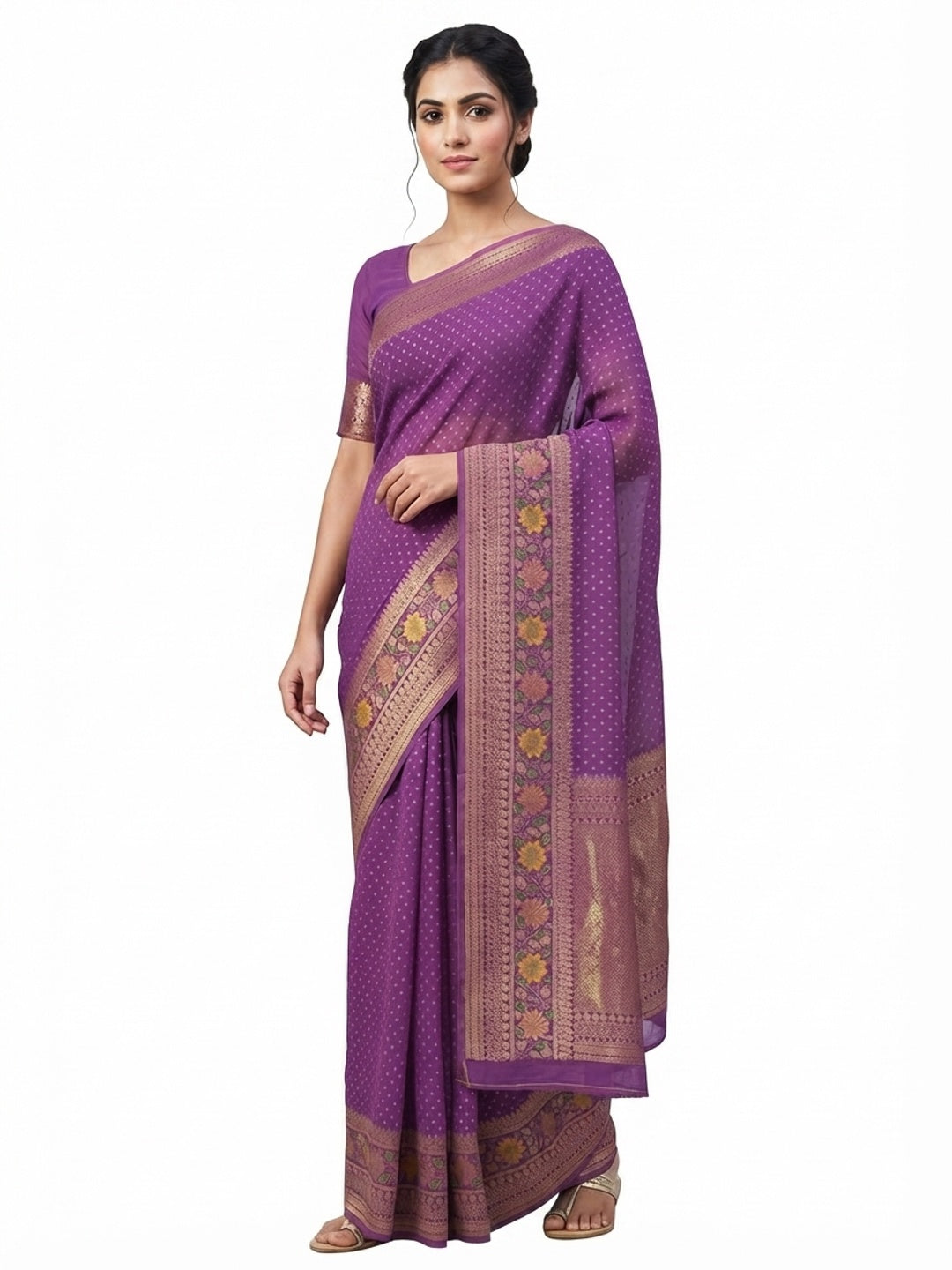 Purple Saree in Pure Georgette Featuring Delicate Zari Butti Work - Image 5