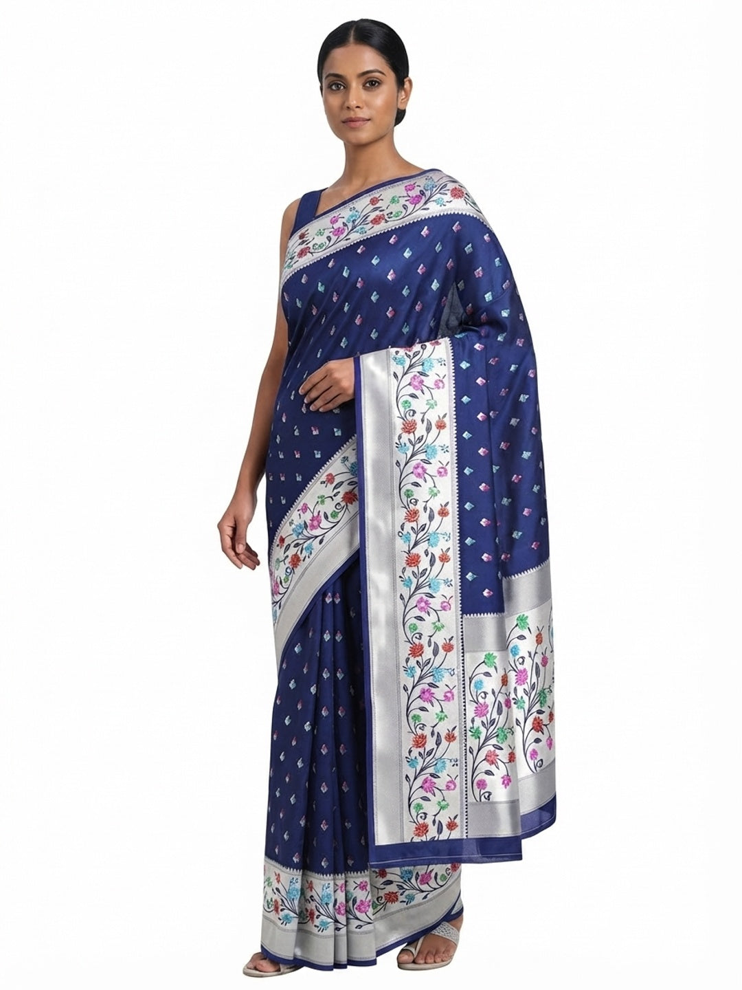 Festive Banarasi Silk Paithani Saree in Blue Enhanced with Zari Weaving - Image 5