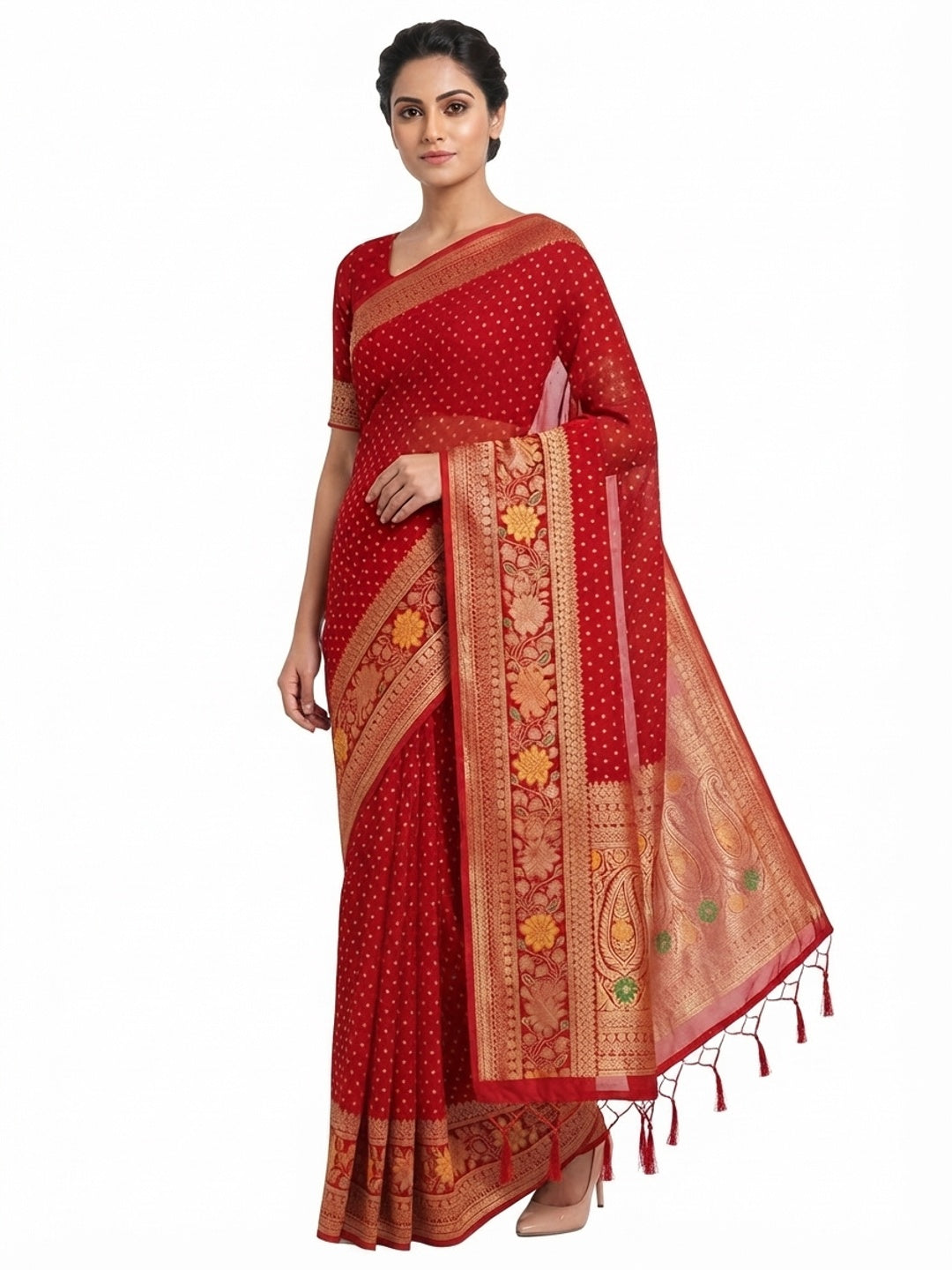Red Saree in Pure Georgette Featuring Delicate Zari Butti Work - Image 5