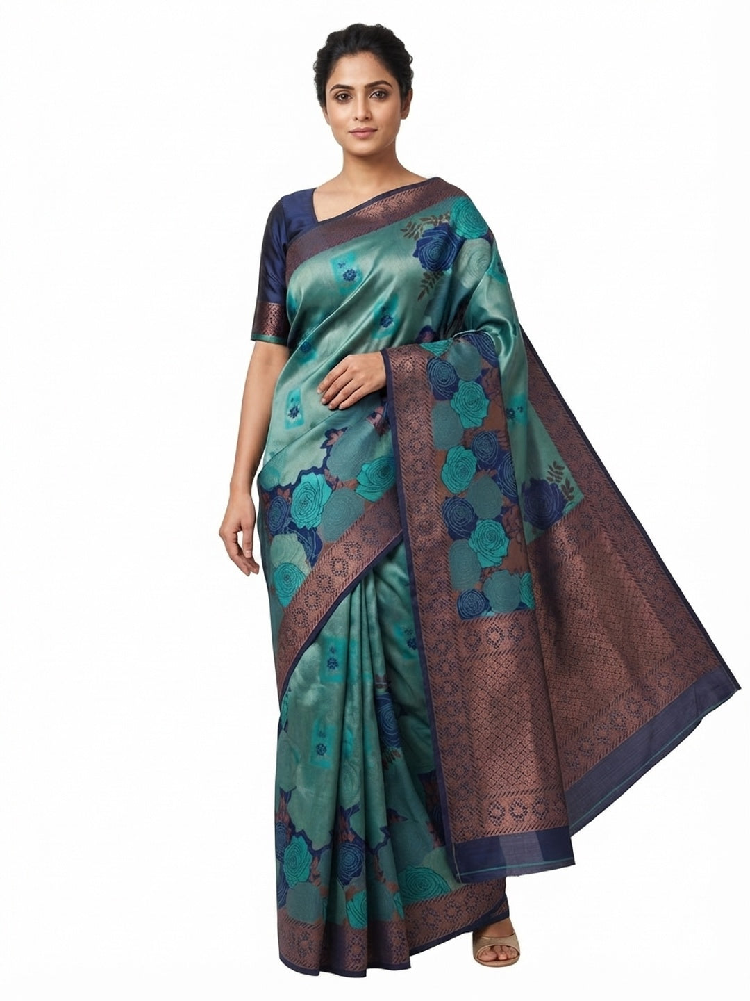 Teal Handloom Banarasi Silk Saree Enhanced with Artistic Floral Zari Weaving for Timeless Appeal - Image 5