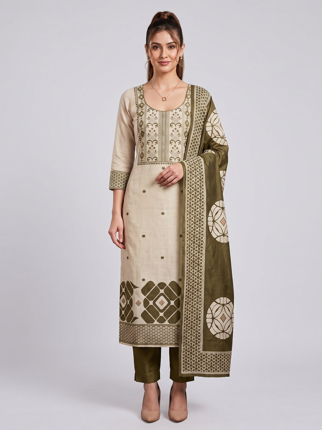 Peachmode Green Cotton Dress Material with Geometric - Image 2