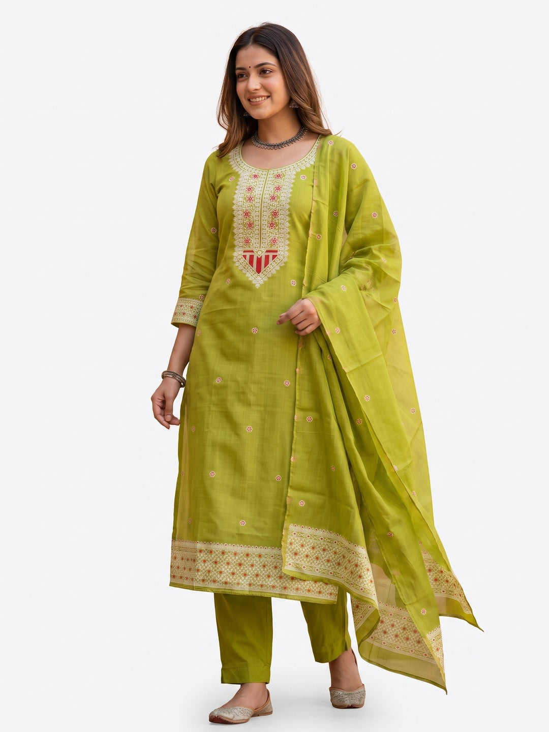 Luxurious Green Traditional Floral Weaving Jamdani Chanderi Cotton Dress Material - Image 2