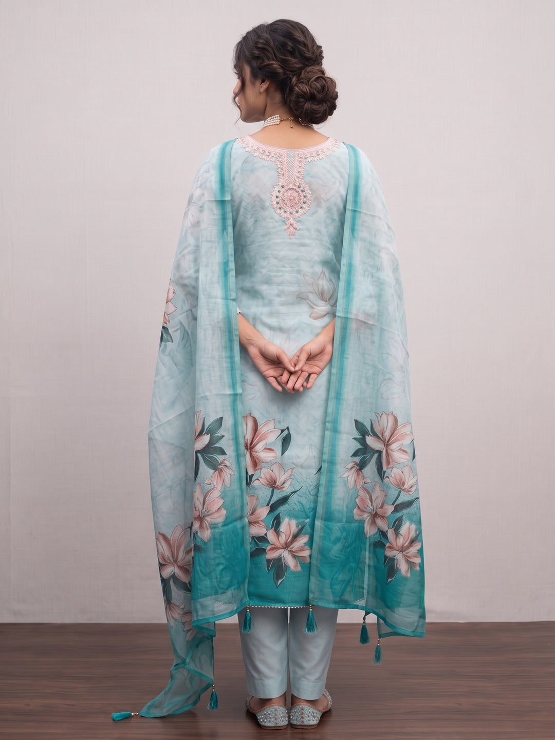 Elegant Sky Blue Linen Dress Material with Floral Thread Work and Dupatta - Image 3