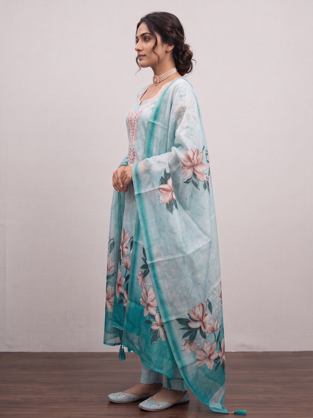 Elegant Sky Blue Linen Dress Material with Floral Thread Work and Dupatta - Image 4