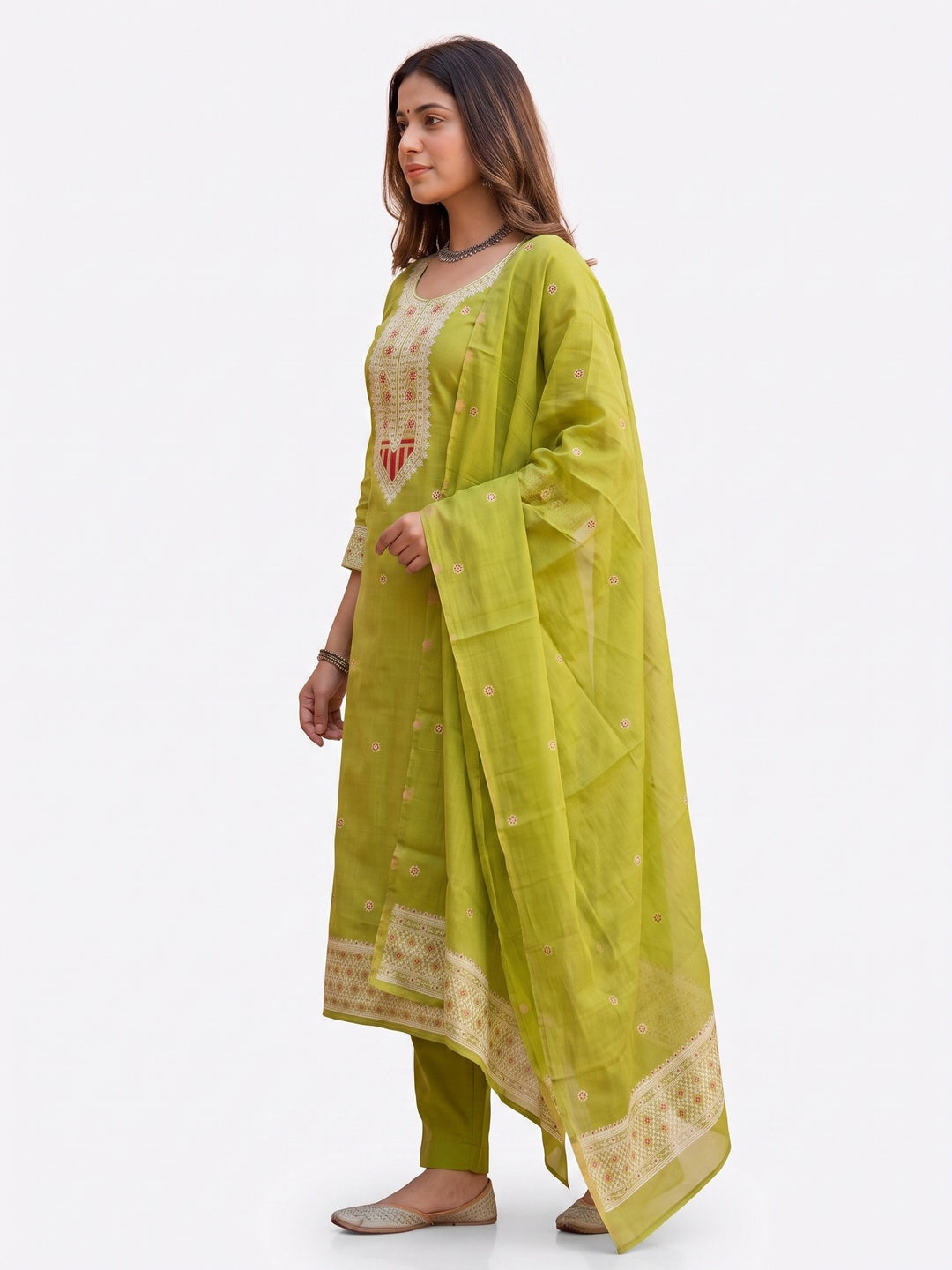 Luxurious Green Traditional Floral Weaving Jamdani Chanderi Cotton Dress Material - Image 4