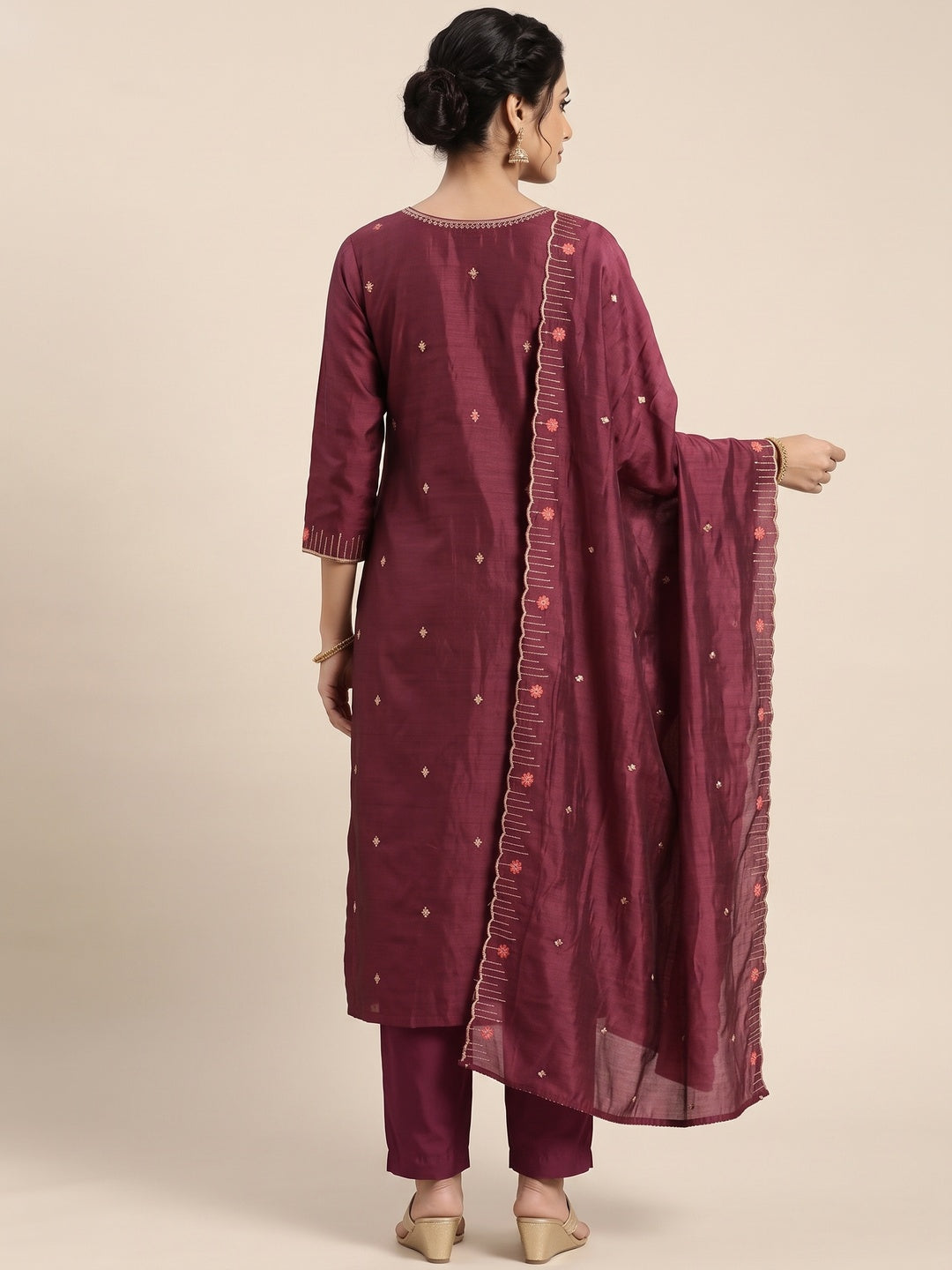 Wine Premium Vichitra Silk Dress Material Featuring Delicate Floral Embroidered Detailing - Image 2