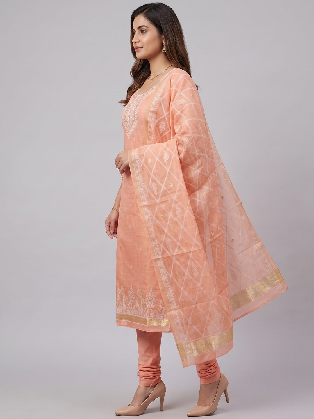 Premium Peach Floral Weaving Chanderi Silk Dress Material With Intricate Zari Work - Image 4