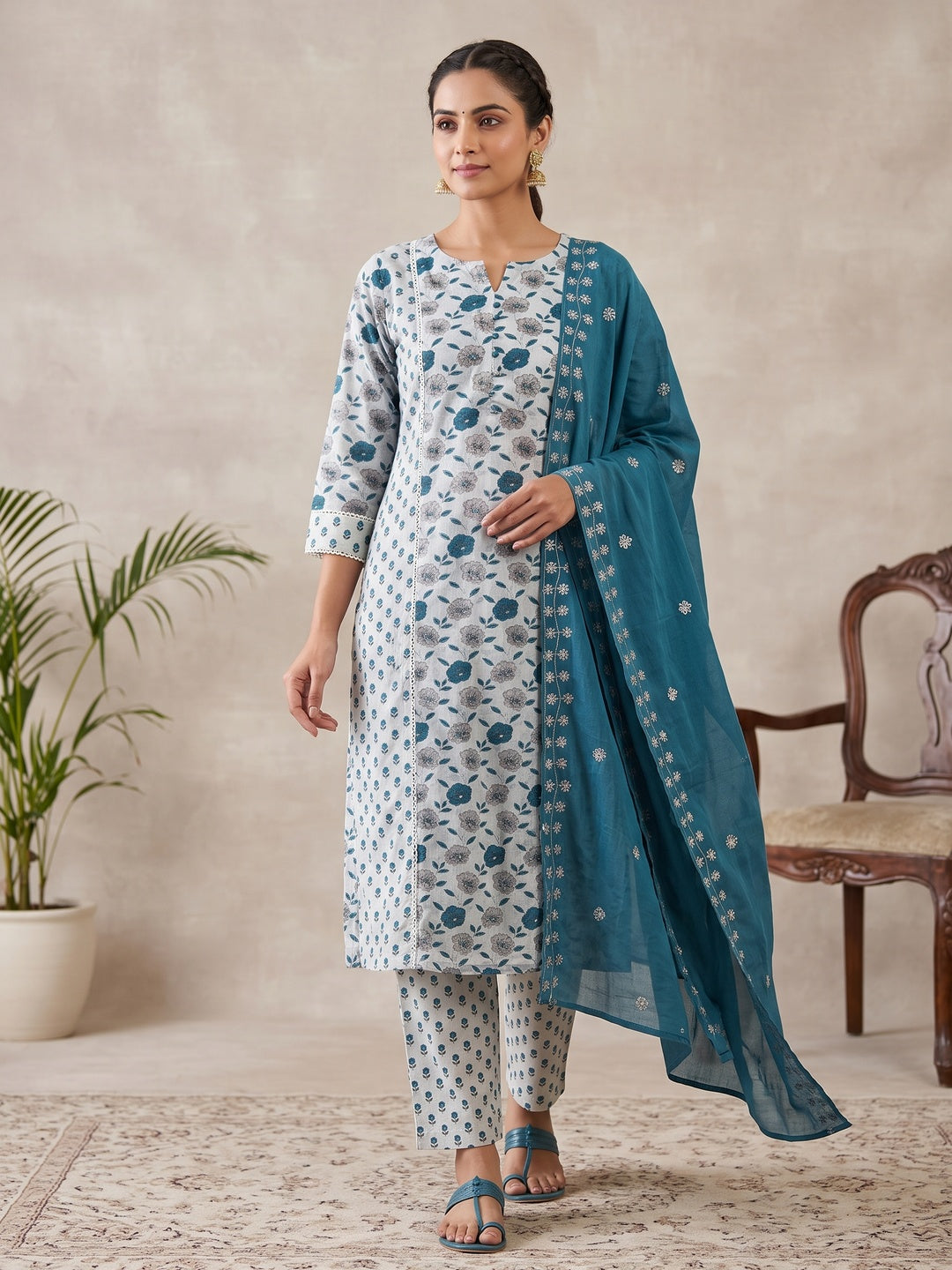Off White Pure Cotton Teal Floral Printed Salwar Suit Set - Image 1