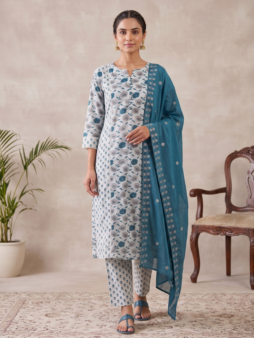 Off White Pure Cotton Teal Floral Printed Salwar Suit Set - Image 2
