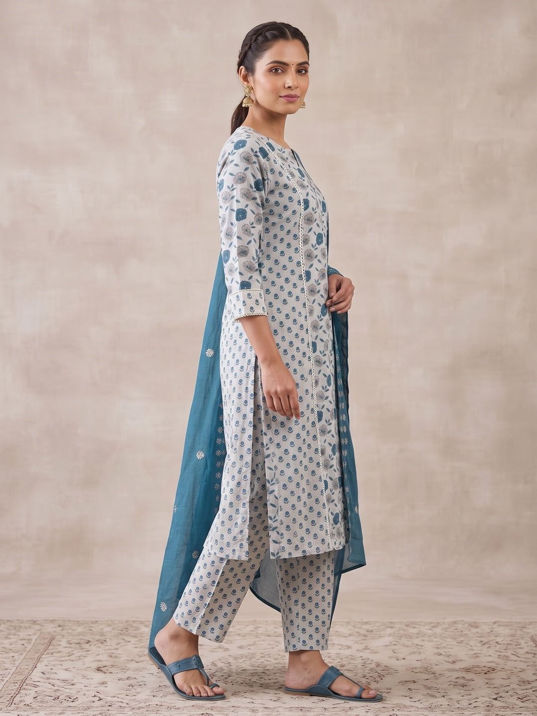 Off White Pure Cotton Teal Floral Printed Salwar Suit Set - Image 3