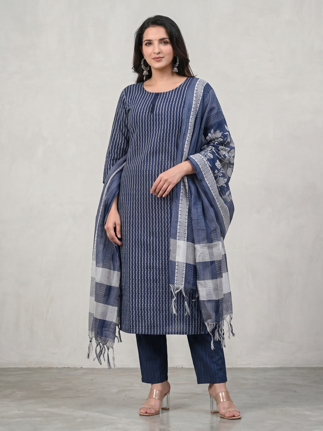 Blue Striped Cotton Blend Straight Kurta Set with Matching Dupatta - Image 1