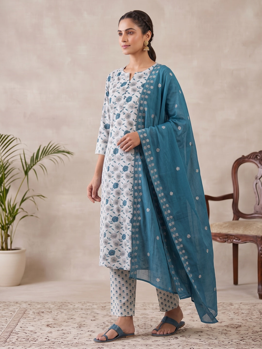 Off White Pure Cotton Teal Floral Printed Salwar Suit Set - Image 4