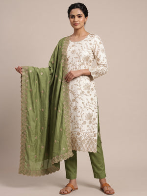Off White Green Thread Motifs Vichitra Silk Unstitched Salwar Material - Image 1
