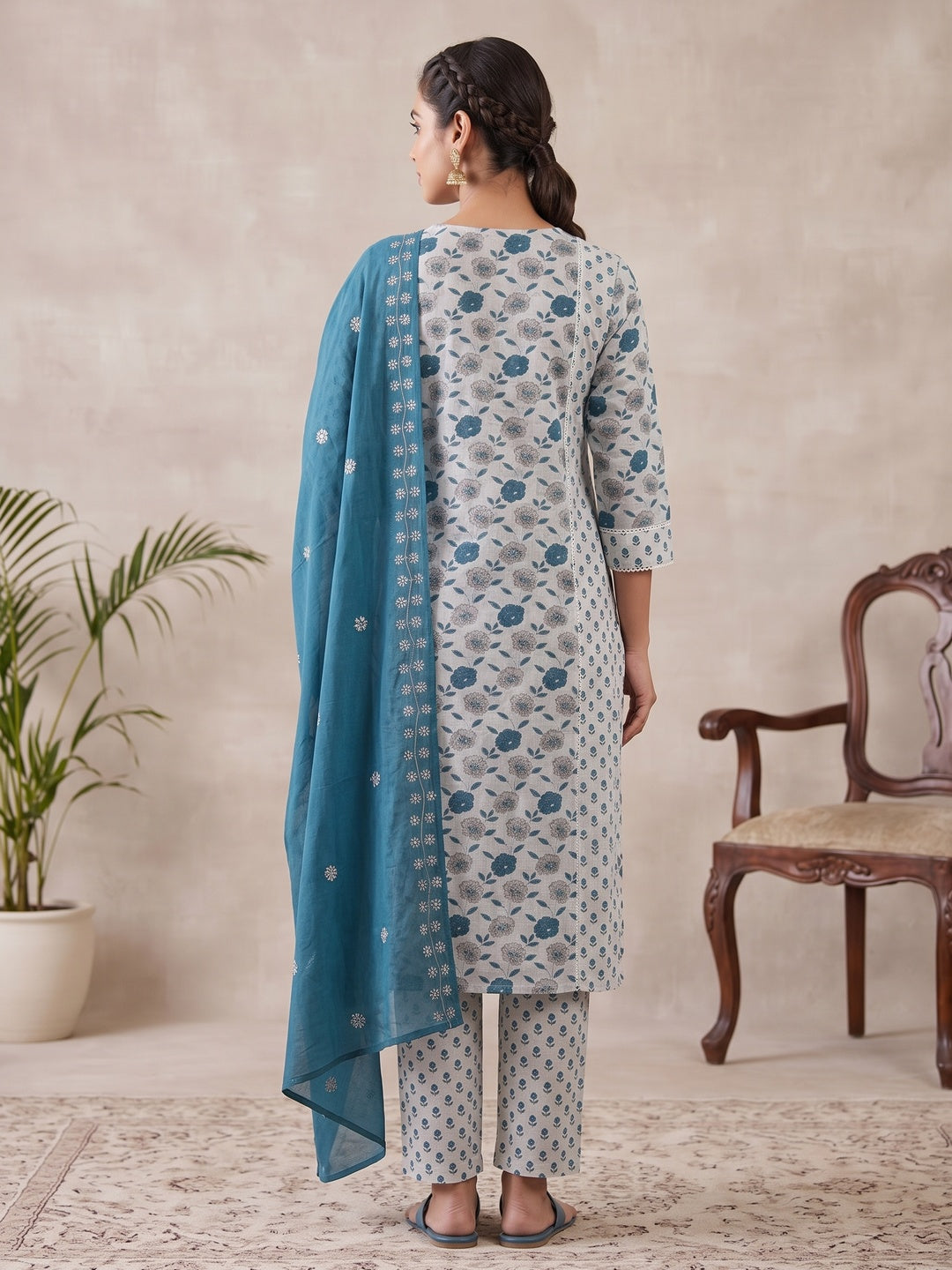 Off White Pure Cotton Teal Floral Printed Salwar Suit Set - Image 5