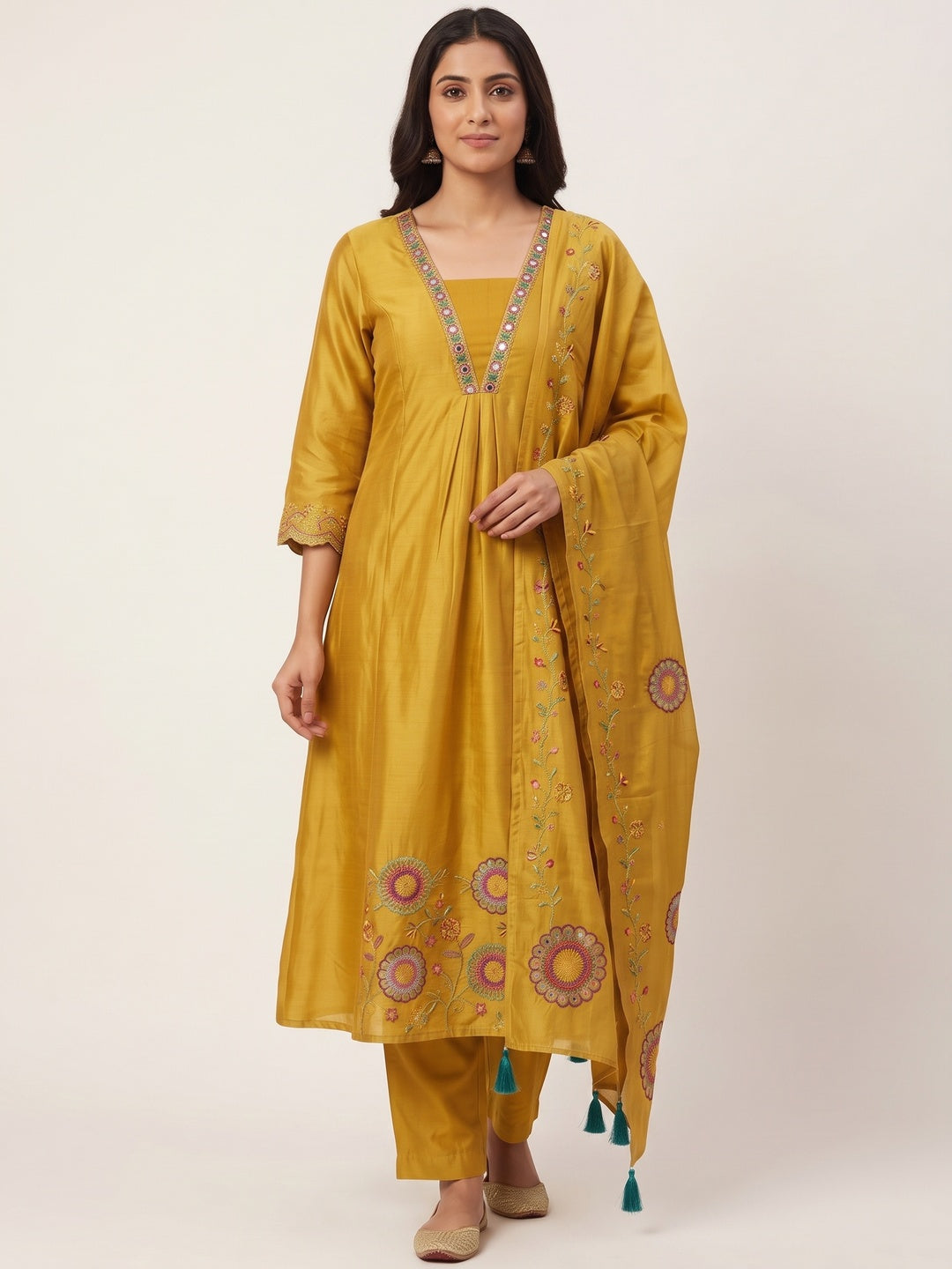 Mustard Chanderi Silk Floral Embroidered Salwar Suit Set - Image 2