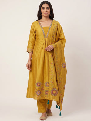 Mustard Chanderi Silk Floral Embroidered Salwar Suit Set - Image 2