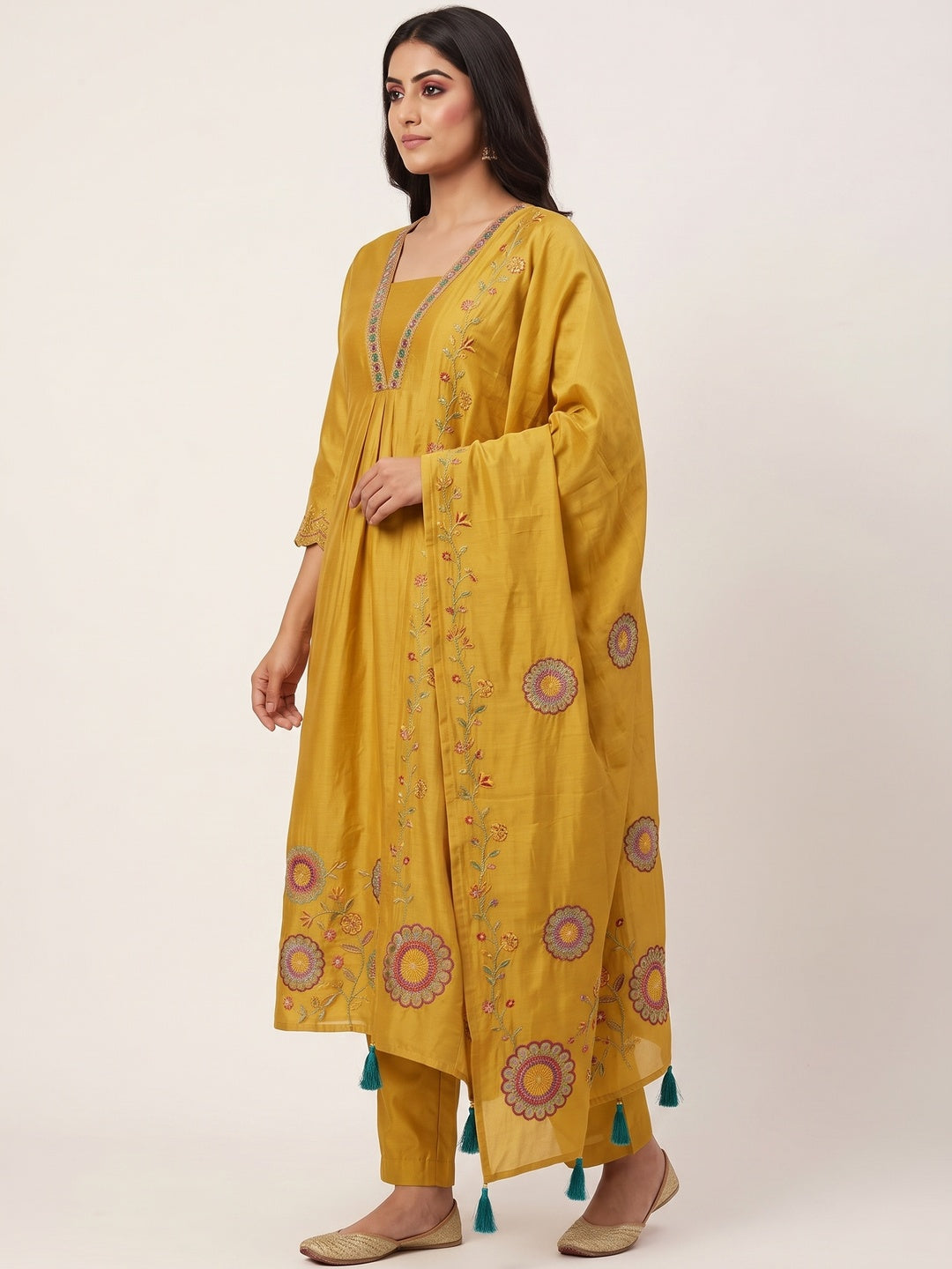 Mustard Chanderi Silk Floral Embroidered Salwar Suit Set - Image 3